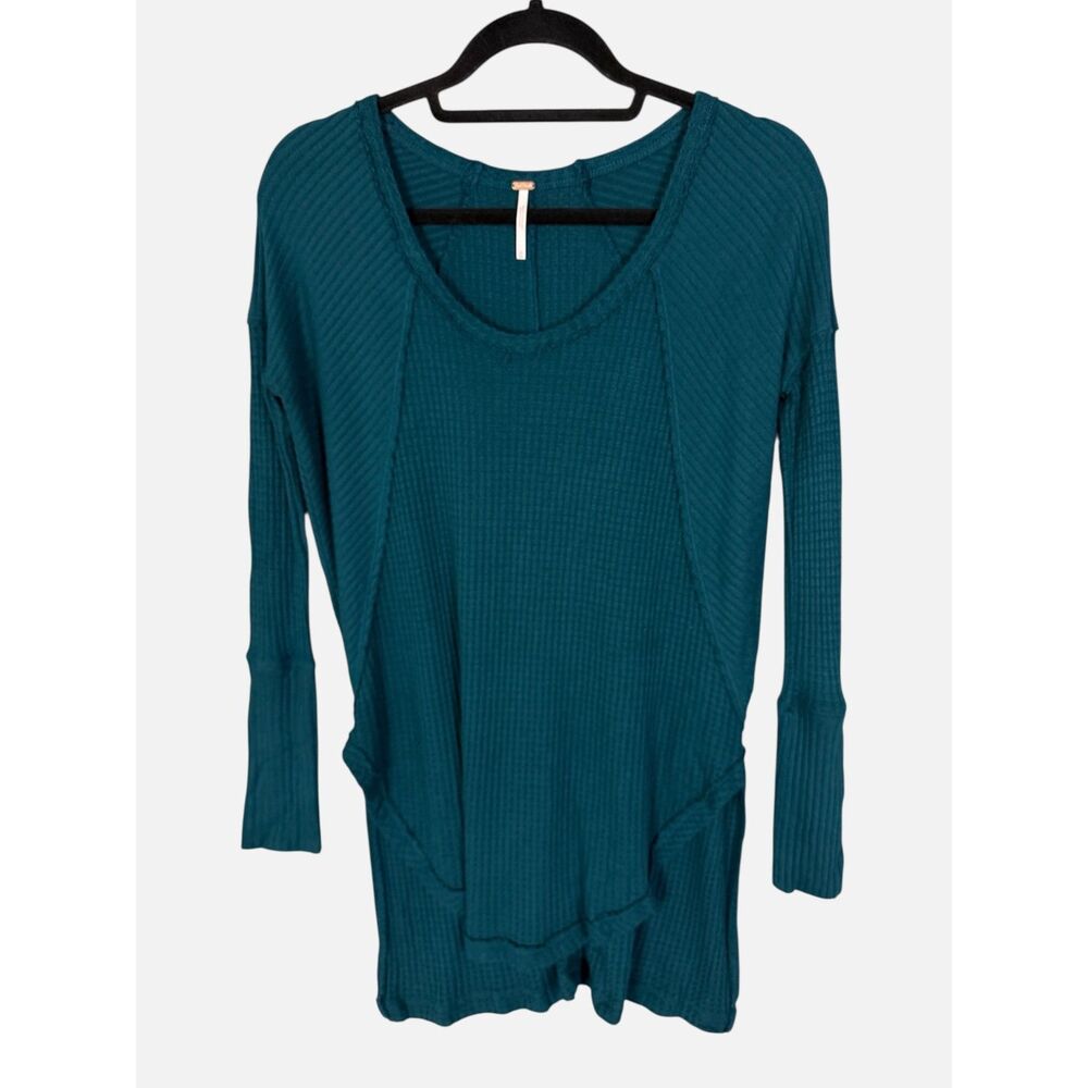 Free People Thermal Waffle Knit Oversized Top High Low Hunter Green Extra Small